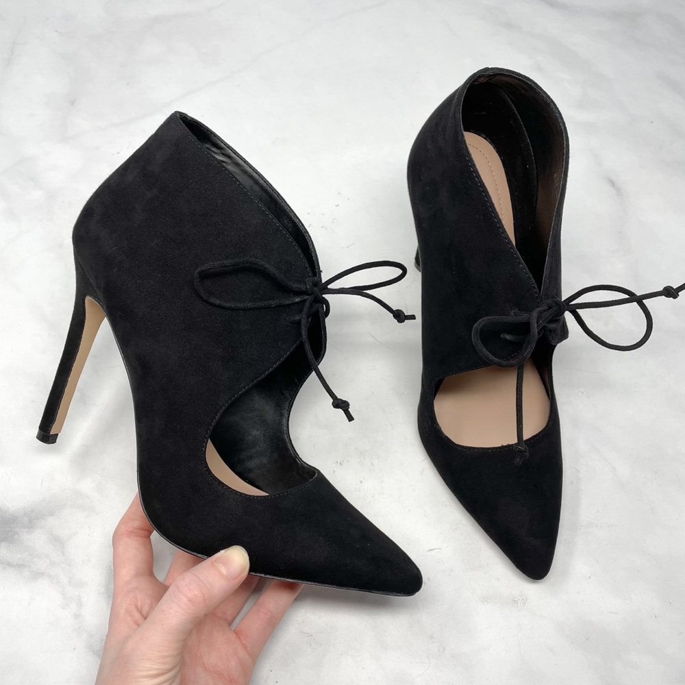 ALDO Black Faux Suede Pointed Lace-Up Ankle Bootie Heels Boho Minimalist 8.5